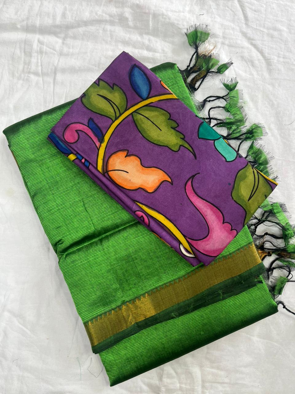 Peach Handloom Mangalagiri Pattu  with a Pen Kalamkari Blouse  Cotton Saree
